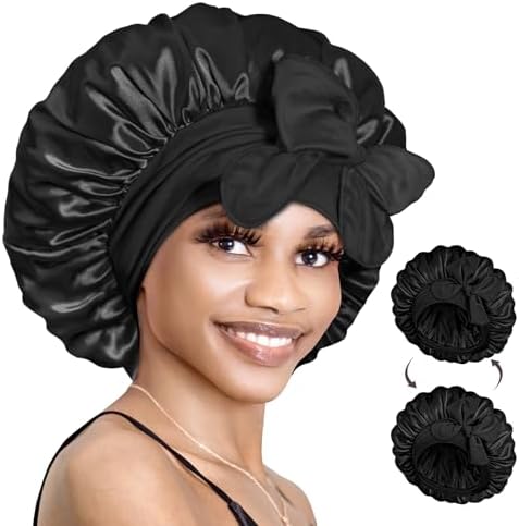 BONNET QUEEN Reversible Silk Satin Sleeping Bonnet Double Layer Adjustable Bonnets Curly Braids Wig Natural Hair Wrap Night Hat Cap Band Shower M Black by BonnetQueen