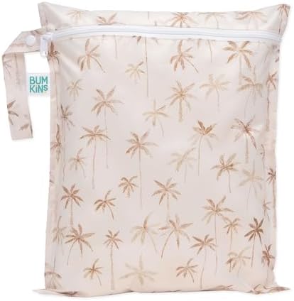Bumkins Waterproof Wet Bag for Baby, Travel, Swim Suit, Cloth Diapers, Pump Parts, Pool, Beach, Gym Clothes, Toiletry, Hook to Stroller, Daycare, Zipper Reusable Wetdry Packing Pouch, Palm Trees by Bumkins