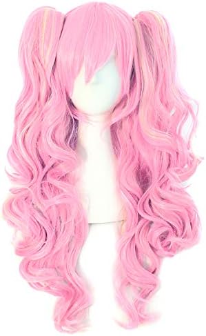 MapofBeauty Lolita Long Curly Clip on Ponytails Cosplay Wig, Pink/Blonde by MapofBeauty