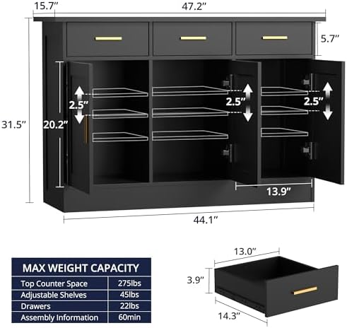 Buffet Cabinet with Storage - Buffets & Sideboards Kitchen Storage Cabinet, Wood Console Table Coffee Bar Accent Cabinets for Living Room Dining Room Entryway Large 3 Doors & Drawers, Black 47.2"W - Image 3