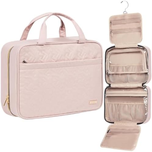 NISHEL Travel Toiletry Bag for women, Portable Hanging Organizer for Family-Sized Shampoo, Conditioner, Brushes Set, Makeup Accessories, Extra Large Size, Pink by NISHEL