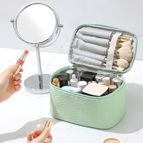 Meiyuuo Travel Makeup Bag for Women, PU Leather Cosmetic Bag, Light Green - Image 2
