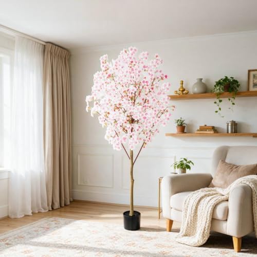 Artificial Cherry Blossom Tree, 6FT Tall Faux Pink Flower Tree with Black Pot, Realistic Silk Blossom Plant for Home Living Room Office Patio Decor, Indoor Outdoor Fake Floral Tree for Wedding Party - Image 6