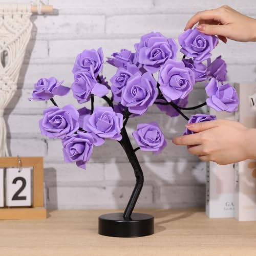 Drawelry Rose Flower Tree Lamp - LED Rose Tree Table Lamp USB/Battery Powered Artificial Bonsai Flower Night Light for Bedroom Living Room Party Wedding Birthday Decor (Purple) - Image 5