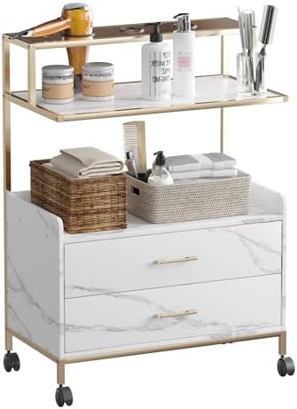 Salon Rolling Trolley with Lockable Wheels,Barber Cart,Gold,Marble by Waktavel
