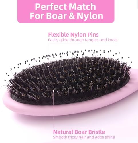 Boar Bristles Hair Brush for Women and Men, Detangling Hair Brush for Smoothing Massage Add Shine, Nylon&Boar Bristles Detangler brush for Hair Healthy (1 Pcs-Pink&White) - Image 2