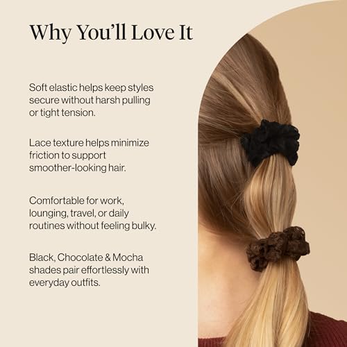 Kitsch Ruched Lace Scrunchies For Women - Black, Chocolate & Mocha, 5pc Set - Image 3