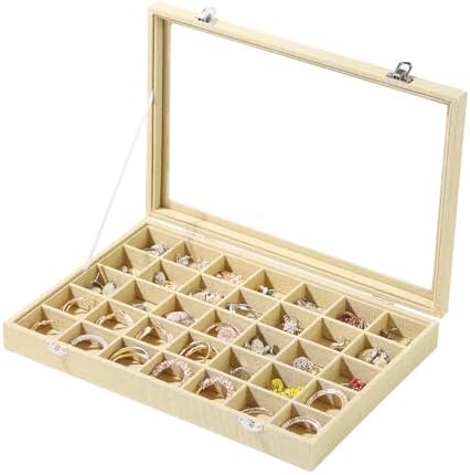 Coward Ring Earring Jewelry Organizer Box, 35 Grids Dustproof Display Holder Case, Yellow Linen Velvet Jewelry Bead Display Tray Case with Transparent Glass Lid for Momen Girls by FocusOnJewelryDisplay15yrs