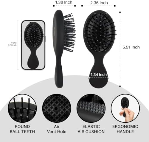RHOS Mini Hair Brush for Women,Men and Kids-Travel Size Hair Brush for Purse,Pocket,backpack-Small Cushion Paddle Brush with Soft Bristles-Mini Detangler Brush for All Hair Types(1 Pack-Black) - Image 2