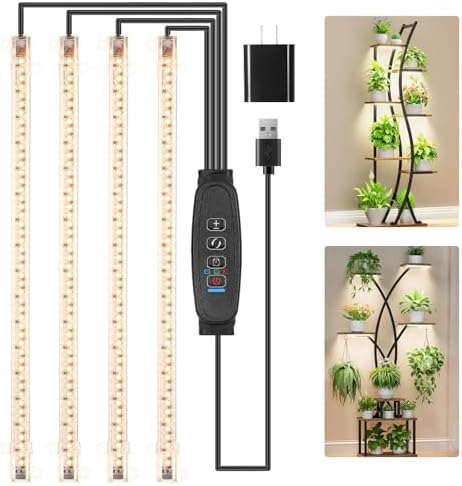 RWNTAO Plant Growing Lamp Strips, Full Spectrum 3500K for Indoor Plants LED Grow Light with 3/9/12H Timer and 10 Dimmable Levels for Green House Hydroponics Succulent, 4 Head 13 in by RWNTAO