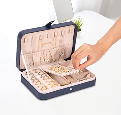 LANDICI Small Jewelry Box for Women Girls, PU Leather Travel Jewelry Case, Portable Jewelry Organizer Storage Holder Display for Ring Earrings Necklace Brooch Men Kids Gift, Dark Blue - Image 5