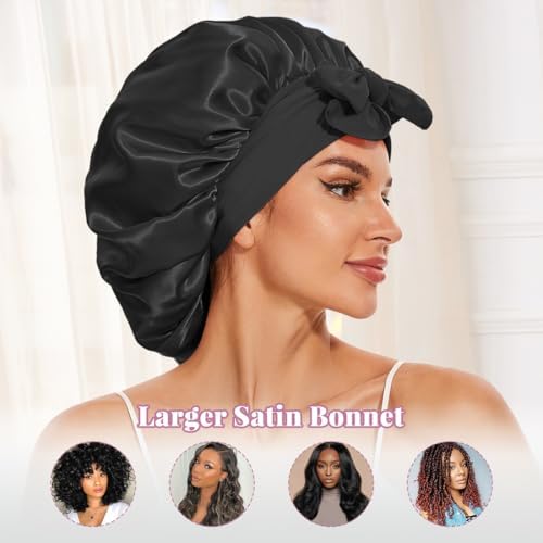 2 Pcs Large Satin Silk Bonnet for Sleeping Women, Adjustable Hair Bonnets with Tie Band, Silk Bonnet Sleep Cap for All Hair - Image 5