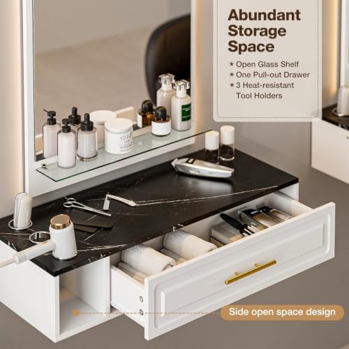 Wall Mount Barber Station with Mirror, Mounted Salon Station Styling Station w/Drawer, Dryer Holders & Glass Shelf, Beauty Barber Spa Equipment for Hair Stylist(White-New) - Image 4