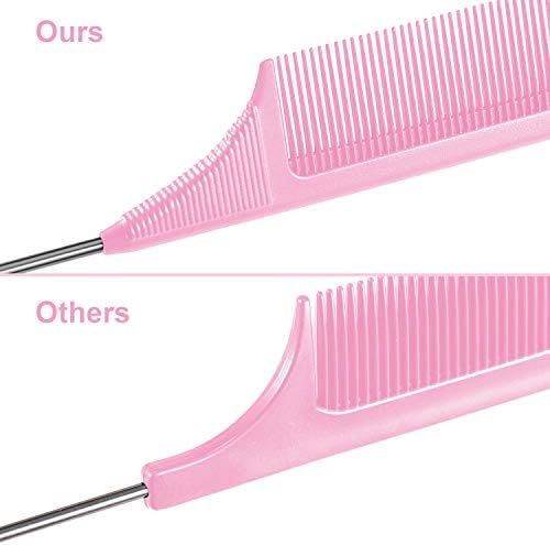 Leinuosen 3 Pack 9 Inch Rat Tail Comb with Metal Pick, Carbon Fiber,Pink - Image 4