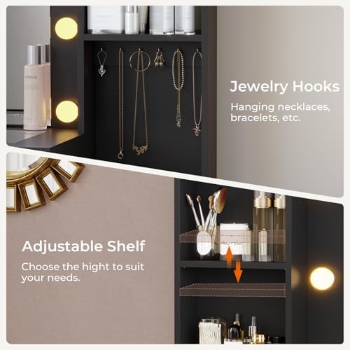 Hasuit 48.8'' Large Vanity Desk with Lighted Mirror & Power Outlet, Black Makeup Vanity Table with 6 Drawers, 4 Shelves and 1 Storage Cabinet, Glass Tabletop Bedroom Dressing Table, 3 Lighting Modes - Image 5