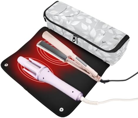 Hair Tools Travel Bag with Heat Resistant Mat Detachable 2-in-1 Curling Iron Travel Case Hot Tools Organizer for Straightener Flat Iron Light Grey Leaves - Image 2
