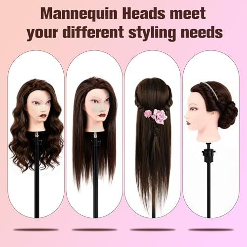 80% Real Hair Mannequin Head 26''Chestnut Brown Salon Mannequin Human Hair - Image 2