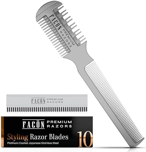 Facón Razor Comb for Hair Cutting - Professional Hair Cutting Comb Kit with 12 Replacement Blades, Double Edge Shaper for Salon & Home, Premium Styling Thinning Texturizing Split Ends Trimming Razor by Fac%C3%B3n