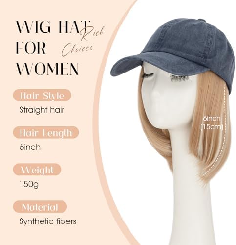 Rich Choices Hat Wigs for Women,Denim Blue Baseball Cap with Hair Extensions for Women,Short Bob Hairstyle Caps with Hair Attached Adjustable Baseball Cap Wig 6 Inch Highlighted Honey Blonde Hair - Image 2