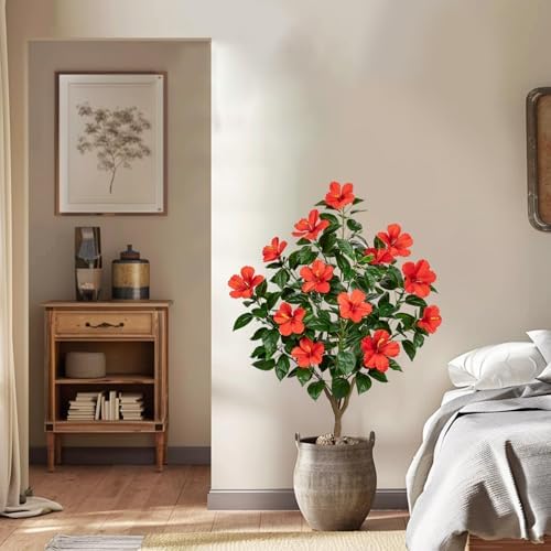 Briful 49.6" Artificial Hibiscus Trees 2 Pack, Faux Tropical Plants, Red - Image 6