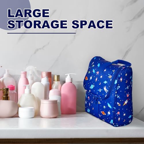 Remobia Hicol Cute Cartoon Hanging Kids Toiletry Bag Children Travel Cosmetic Makeup Organizer Wash Bag Shower bag Over Night Bag Camping Shaving Kit Bag for Boys & Girls (Astronaut) - Image 6