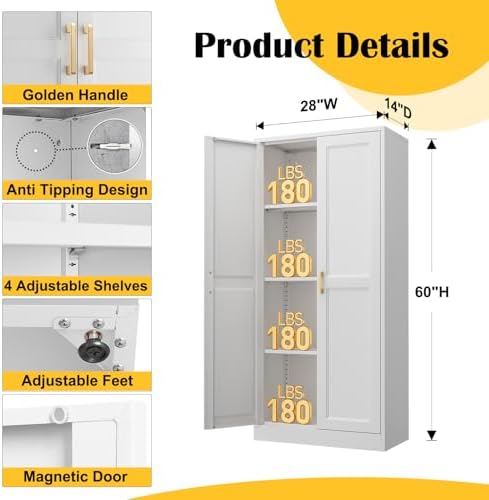 Steeloong 60"Metal Pantry Storage Cabinet with Doors & 3 Adjustable Shelves - Image 3