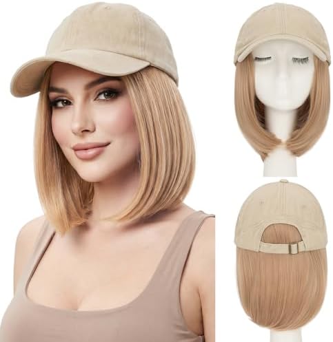SEGO Unisex Vintage Baseball Cap with Hair Extensions for Women Synthetic Hair Attached Short Straight Hairpiece Khaki Baseball Cap Wig Adjustable Hat Wigs for Women 6 Inch 18A Light Blonde by SEGO