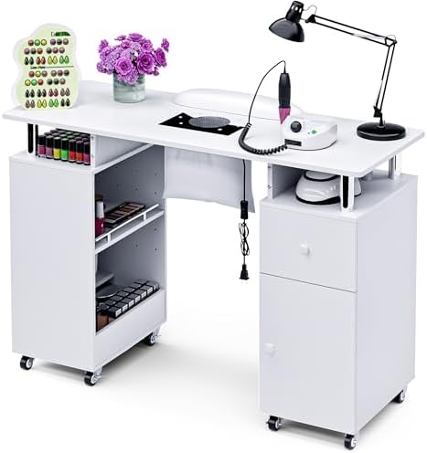 Manicure Table Nail Desk with Dust Collector & Wheels (White) by HolaiNail