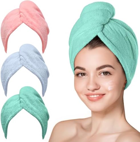 Hicober Microfiber Hair Towel Wrap for Women, Pink Blue Green, 3-Pack by Hicober