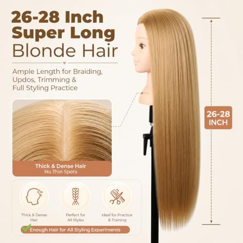 Headdoll 26"-28" Mannequin Head Styling Mannequin Head for Hair Styling and Free Table Stand Training Head Manikin Cosmetology Doll Head with Long Fiber Hair Hairdresser Practice Head for Stylist - Image 3