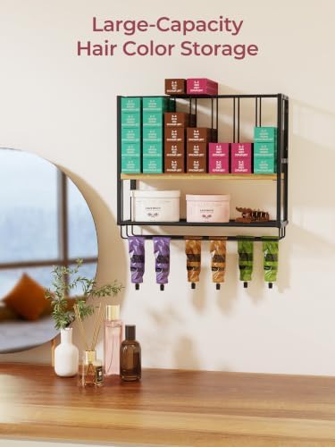 4-Tier Hair Color Organizer Wall Mounted, Metal Wood Hair Dye Rack, Black - Image 2