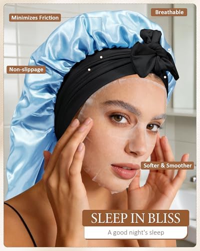 AWAYTR Long Satin Bonnet for Sleeping, Women Two-Tone Reversible Sleep Cap - Image 6