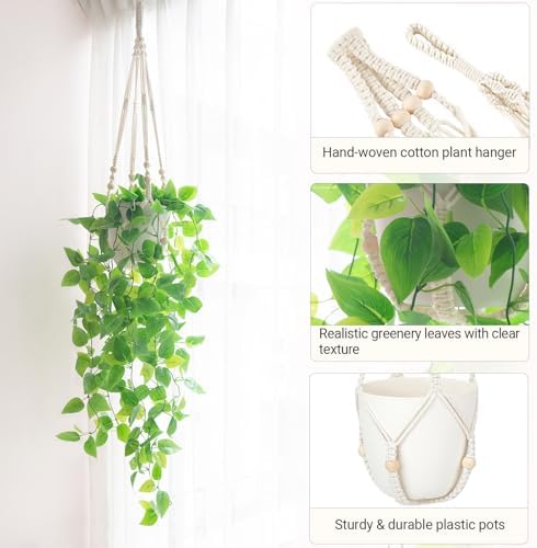 Mkono Fake Hanging Plant with Lights, Artificial Plants for Home Decor Indoor Macrame Plant Hanger with Fake Vines, Batteries NOT Included - Image 5
