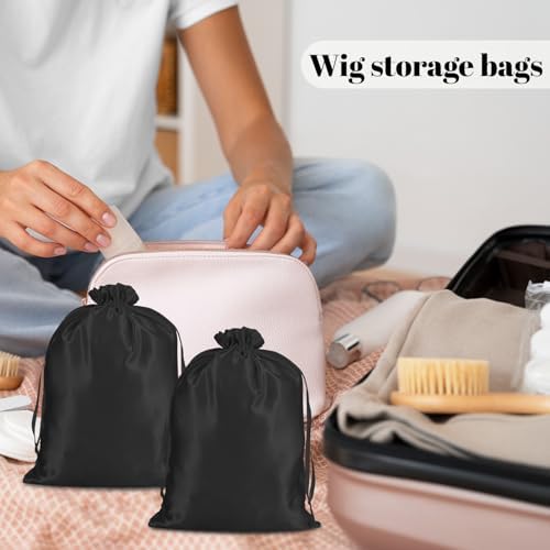 6Pcs Wig Bags Storage,Wig Bag with Satin Drawstring Wigs Travel Bag for Wigs Extension Bundle(Black) - Image 5