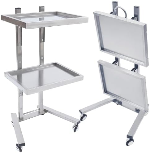 2Tier Metal Rolling Cart, Foldable Utility Carts, Salon Tray Trolley Silver by Pinelicorn