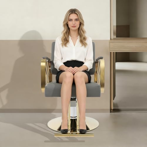 Hair Salon Chair Styling, Hydraulic Pump Barber Chair, 360° Swivel Beauty Barbering Chair for Hair Stylist Women Man, Adjustable Height Pro Stylist Chairs Beauty Salon Equipment (Gray,Gold) - Image 4