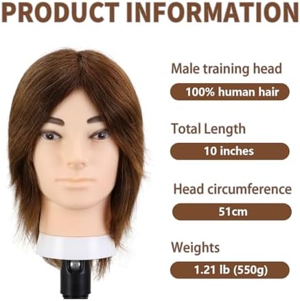 10" Brown Male Mannequin Head with 100% Real Human Hair, Professional Barber Mannequin Head Cosmetology Manikin Training Head for Haircut Styling Practice with Free Clamp Stand (Dark brown) - Image 3