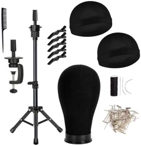 Wig Head with Stand, Canvas Mannequin Head with Wig Stand for Making Display, Cork Canvas Block Head with Wig Caps, Canvas Head with T Pins Set Hair Styling Practice Display by Unknown
