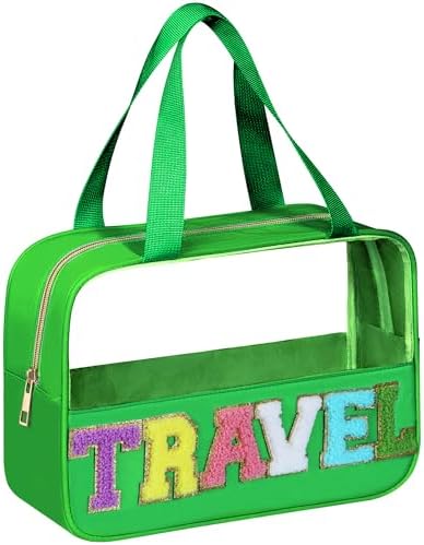 BuyCard Chenille Letter Patch Clear Travel Bags, Preppy PVC&Nylon Makeup Bag with Handle and Zipper, Waterproof Large Clear Travel Toiletry Bag Storage Bag for Women Girls Deep Green by BuyCard