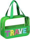 BuyCard Chenille Letter Patch Clear Travel Bags, Preppy PVC&Nylon Makeup Bag with Handle and Zipper, Waterproof Large Clear Travel Toiletry Bag Storage Bag for Women Girls Deep Green by BuyCard