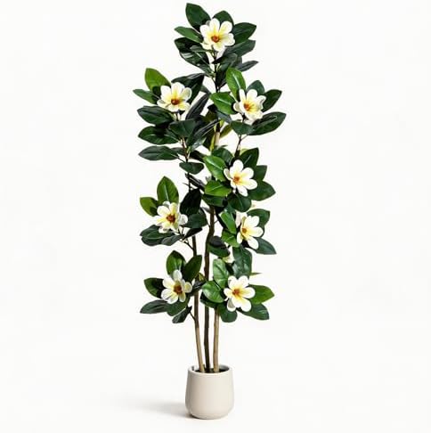 6 Inch Artificial Magnolia Tree with Pot, Faux Flower Tree with White Magnolia Blooms and Green Leaves, Potted Artificial Plant for Living Room, Bedroom, Office, Entryway, Store, Home Dector by GaoMon