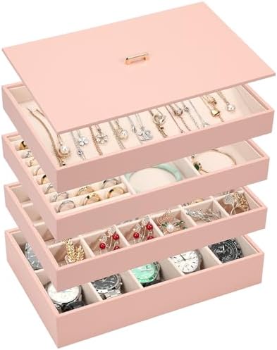 Voova Stackable Jewelry Organizer Tray with Lid (Set of 4, Pink) by Voova