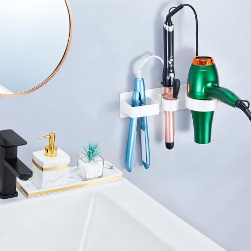Hair Dryer Holder Wall Mounted Hair Straightener Holder, Blow Dryer Curling Iron Holder Metal, 3 in 1 Bathroom Hair Tools Organizer for Blow Dryer, Flat Irons, Hot Tool Holder (White) - Image 3
