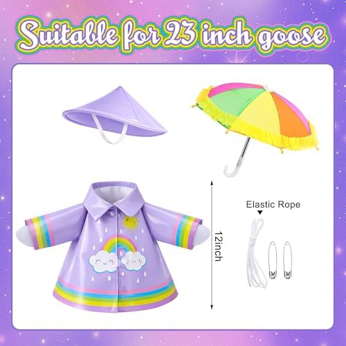 DECOHS 3 Pcs/Set Raincoat Porch Goose Outfits, Summer Lawn Goose Statue Raincoat Costume, Yard Goose Clothes Raincoats Umbrella Hat Outfit for 23" Statue Patio Garden Decoration (Purple Rainbow) - Image 2