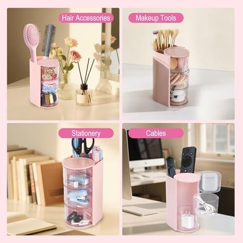 Pink Hair Accessory Organizer, 3-Layer Clear Hair Accessories Organizer Rotatable Small Jewelry Box for Clip Earring Necklaces, The Latest Gift for A Girl. - Image 4