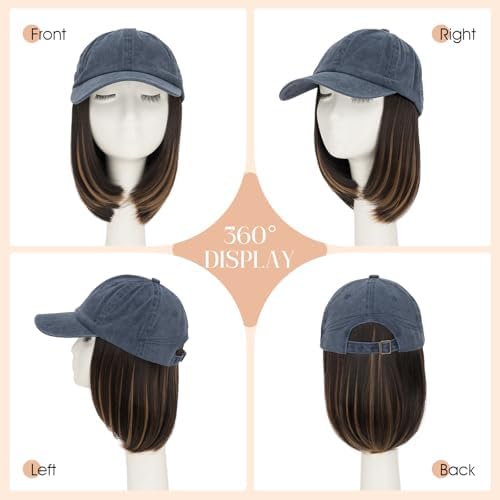 Rich Choices Hat Wigs for Women,Denim Blue Baseball Cap with Hair Extensions for Women,Short Bob Hairstyle Caps with Hair Attached Adjustable Baseball Cap Wig 6 Inch Highlighted Dark Brown Hair - Image 4