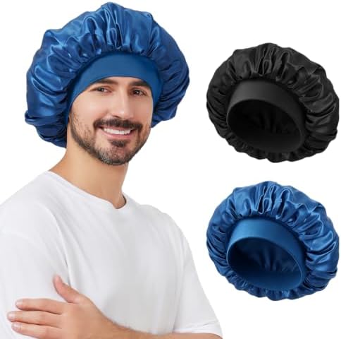 2 PCS Satin Silk Bonnet for Men Women, Hair Bonnet for Sleeping Men with Elastic Band, Large Silk Bonnet for Men Women Curly Hair Braids (Black+Blue) by SUPAZE