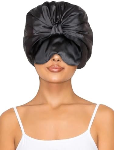 Double Layer Satin Bonnet with Eye Mask Adjustable Silk Sleep Cap Turban Style Hair Wrap for Curly Hair Black by Vettres