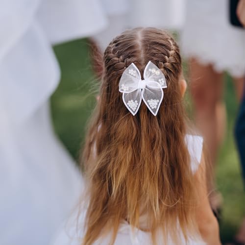 White Pearl Fable Hair Bow Clips for Girls Wedding 4" Mesh Tulle Ribbon Shaker Bow Alligator Hairpins Teens Women Pageant 1st Communion Party Dress Decor Accessory Gift - Image 4