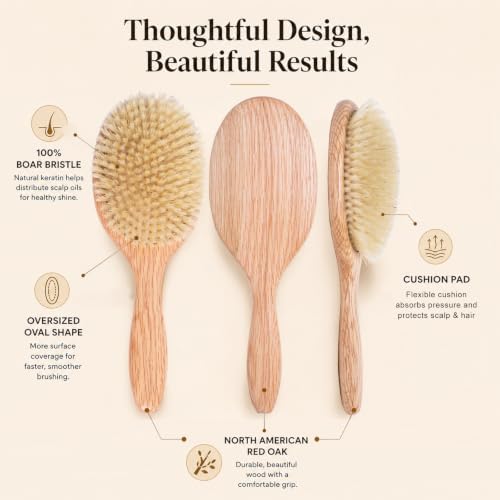 100% Boar Bristle Hair Brush for Fine Thin Hair, Natural Soft Boar Bristle Oval Cushion Brush with North American Oak Wood Handle for Women, Smooth Frizz & Enhance Shine, Wide Tooth Comb & Cleaner - Image 3